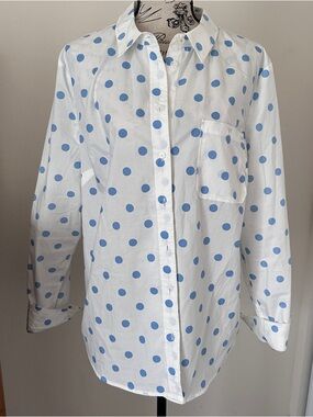 Boden White Blue Polka Dot Shirt Cotton Button Down US 14 UK 18